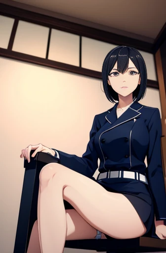 (unity 8k wallpape),(best quality),(high resolution),(ultra-detailed),(perfect anatomy),(beautiful detailed eyes),japanese mature,Beauty,slender,50yo,house wife,black hair,middlehair,policewoman,Navy blue uniform,mini skirt,White panties,cameltoe,(panty shot),Sitting in a chair,(open leg:1.8),Woman looking down at me,Glaring at me,Looks uncomfortable,BREAK,Office at night,Alone,Looking up from a low angle,(Women's panties in front of me),(Open your legs in front of my face),