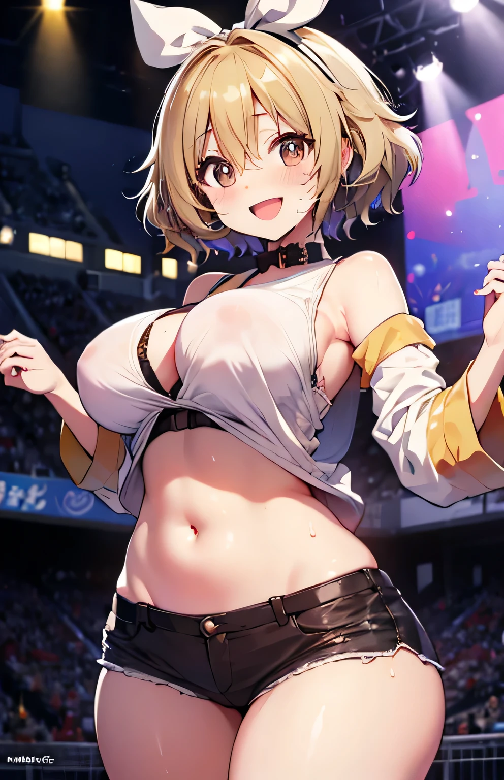 Anime illustration、highest quality、cyber punk、Diva、Kagamine Rin、Sing and dance、Night Show、Illuminated by spotlights、colorful psyllium、Perfect proportions、Live music on the stadium stage、overwhelmingly big breasts、Beautiful, shining eyes、Cowboy Shot、smile、Excessive sweating、Noise Reduction
