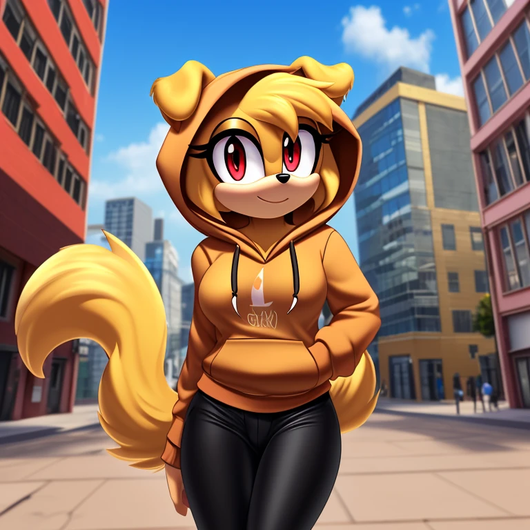 mobian female (golden retriever), ((masterpiece)), cute, attractive, ( wearing a hoodie:1.3), (wearing a black pants:1.5), medium breasts, (correct proportions), (royal golden body fur:1.5), ( golden belly fur:1.1), (hair (royal golden color)):1.5, medium fluffy hair, (crystal red eyes):1.3, (dog tail):1.2, (dog ears):1.2, (city:1.5)