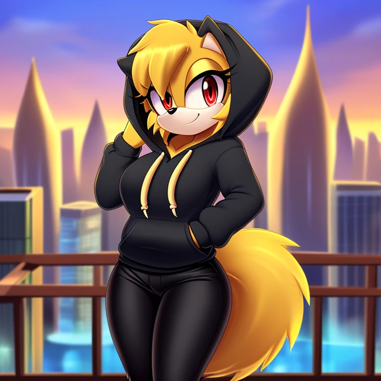 mobian female (golden retriever), ((masterpiece)), cute, attractive, ( wearing a hoodie:1.3), (wearing a black pants:1.5), medium breasts, (correct proportions), (royal golden body fur:1.5), ( golden belly fur:1.1), (hair (royal golden color)):1.5, medium fluffy hair, (crystal red eyes):1.3, (dog tail):1.2, (dog ears):1.2, (city:1.5)