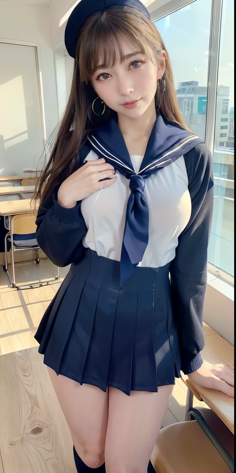 mix4, (16 K, Raw photography, Top image quality, masterpiece: 1.45), (realisitic, Photorealsitic: 1.37), one girls, 7.5, etc、Random hairstyle、Standing figure,Daytime、a very cute,Inside the school building,, profetional lighting, photon maping、physically-based renderingt, Gradient dark brown hair,Crisp backgrounds and high resolution, a handsome, Well-groomed and beautiful eyes、Large double eyelids、Very shiny、girl with, (((student clothes、Winter clothes、Sailor suit worn by Japan 、Navy blue sailor color、scarf、a miniskirt, Small beret、high socks、lowfers、Frugal bag))), Top Quality Photos, hight resolution, 1080p, (clearface), (Detailed face description), (Detailed hand description), (masterpiece), (Exquisite CG)、extreme light and shadows、dishevled hair、master work、abundant detail、(Fine facial features)、(top quality photo)、(masuter piece)、(A detailed eye)、Fine clavicle、((Slender big))、(((Japan in sailor suit)))、((Idle system))、((school classrooms、chalk board、desk and chair、Window side))、(((neat and cute)))、earrings、A big smile、Drawing the whole body from the knees、Do not draw nasolabial folds、(((Long-sleeved sailor suit)))、(Big breasts that hang down big:1.2)、Big buttocks with tension、Two arms and two legs、(((from the rear:0.3)))、bare hand、No mask、No skin exposure