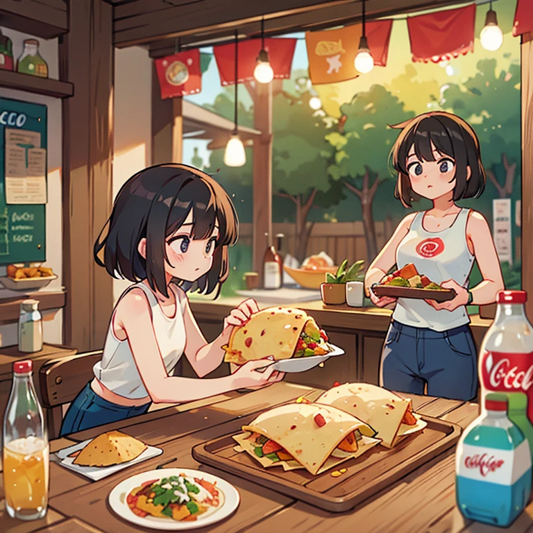 Woman making tacos, tortillas and nachos at a Mexican food stall Tight tank top and tight hot pants There are coke and tequila on the table