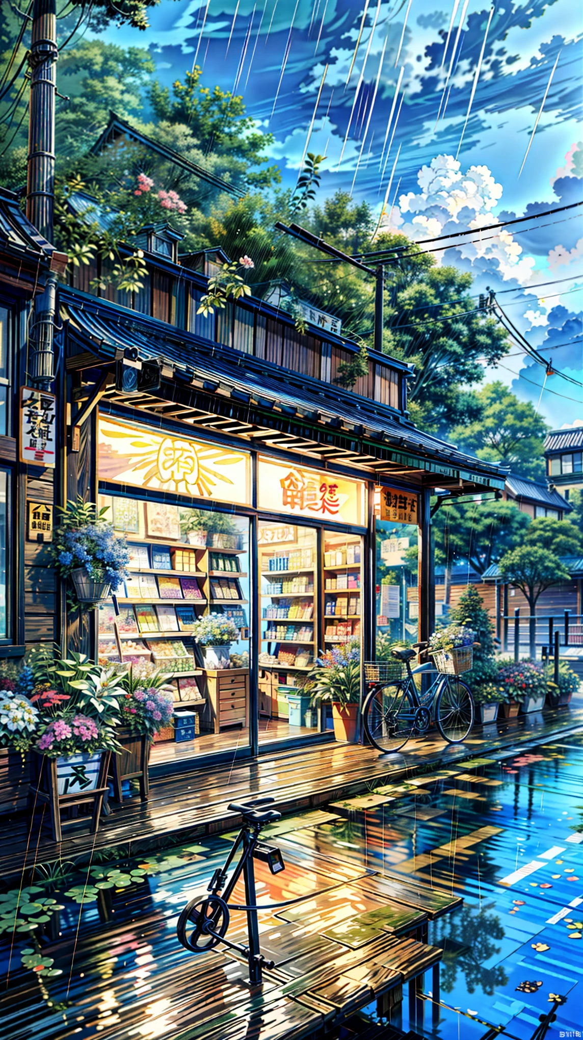 a painting of a one story flower store with a bicycle parked in front of it, cloudy, blue sky, trees, multicolored flowers, greenery, rainy, rain, saturated,top rated on pixiv, realistic anime style at pixiv, convenience store, anime scenery, ( ( ( yoshinari yoh ) ) ), pixiv frontpage, at pixiv, by Torii Kiyomasu, anime scenery concept art, by Un'ichi Hiratsuka, featured on pixiv, 4k hd, beautiful art uhd 4 k, a beautiful artwork illustration, beautiful digital painting, highly detailed digital painting, beautiful digital artwork, detailed painting 4 k, very detailed digital painting, rich picturesque colors, gorgeous digital painting