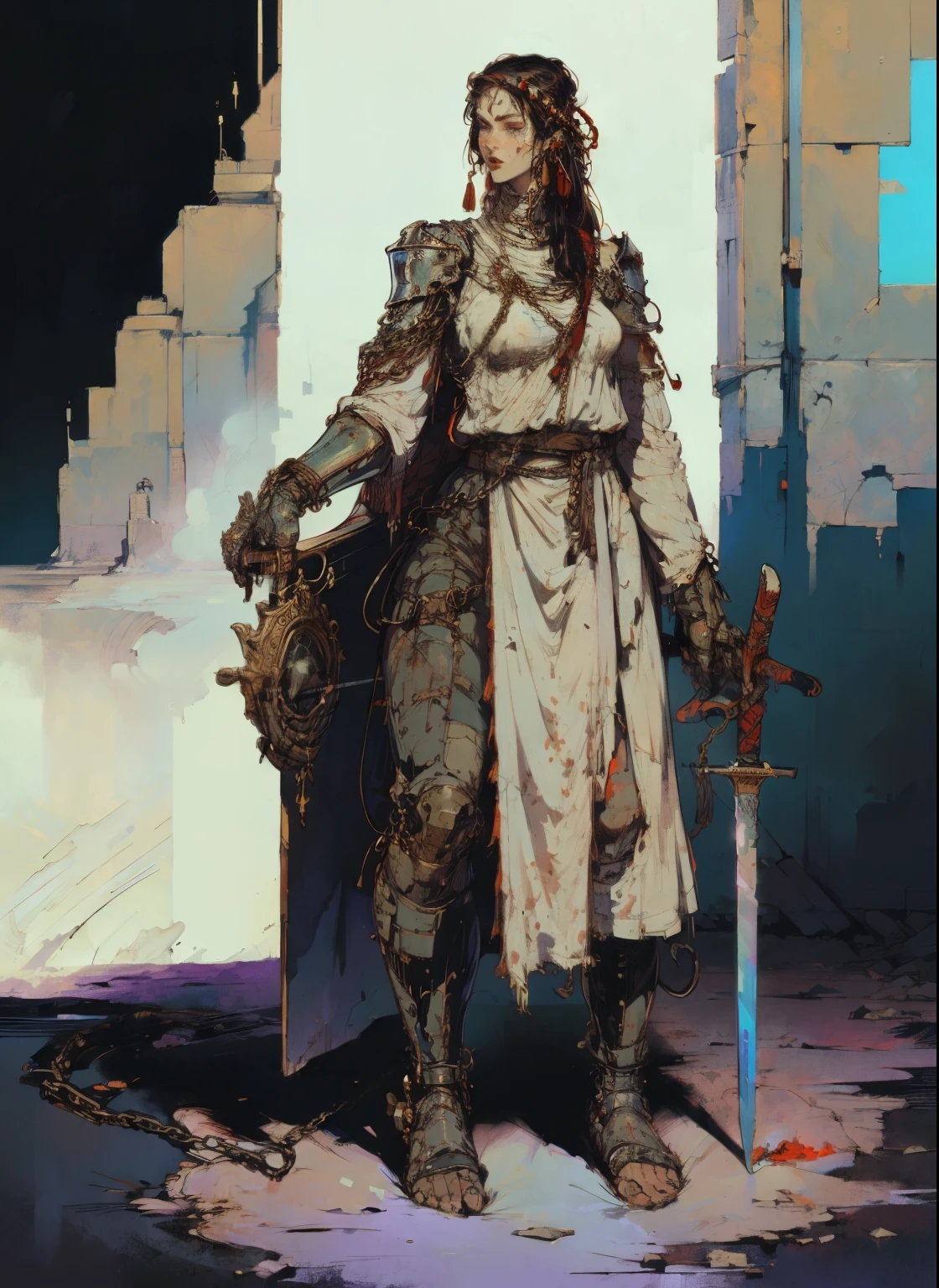 1woman, female warrior, perfect proportions, anatomically correct, (head to toe: 2.0), (full body image: 2.0), solo, extremely stylized, deviant art, masterpiece, highly detailed, detailed eyes, expressive detailed eyes, detailed pupils, futuristic, ((armor)), ((holding a sword and shield)), (cybernetic arms:1.4), big boots, entire body image, full body shot, nvinkpunk, professional photograph of alexander_skarsgard, tassles, large beads, (large tassels), cyberpunk, inkpunk, paint platter, ink splatter, (action pose:1.0), ((chainmail shirt)), old warrior, long beard, ((armor shoulders))