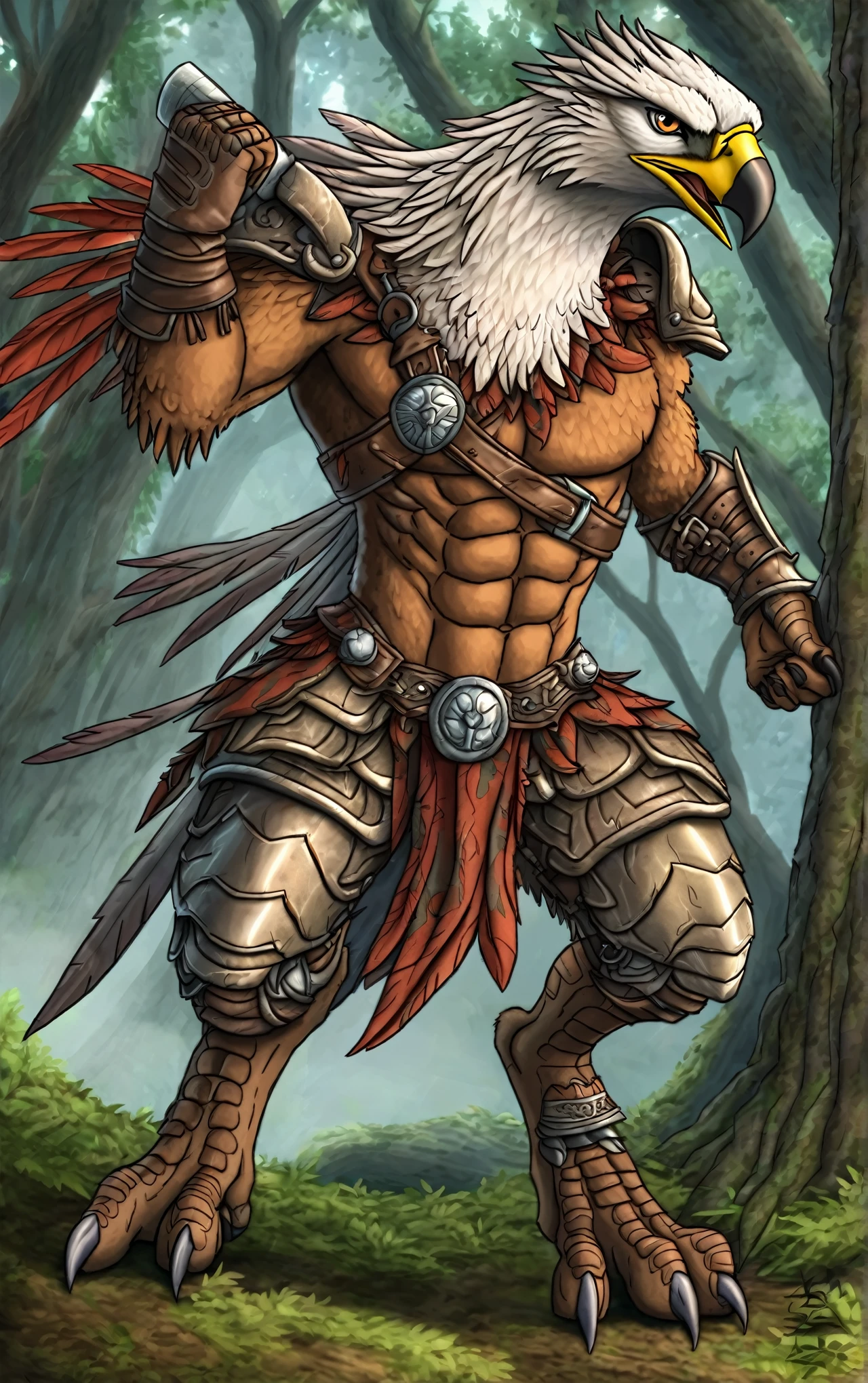 Avian eagle warrior, solo, abs, ferocious, male, armor, digitigrade,
