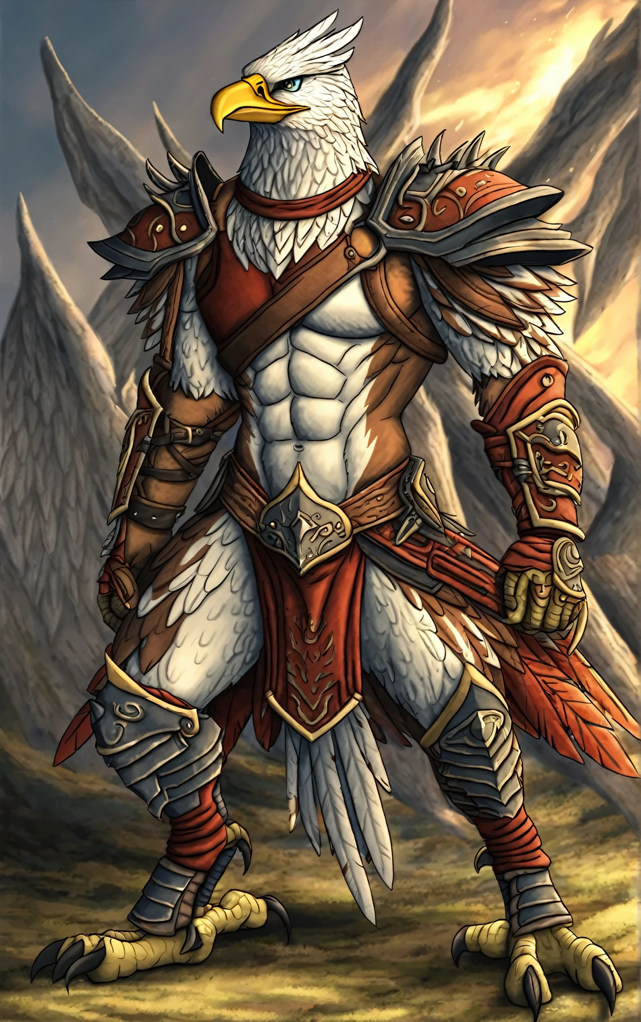 Avian eagle warrior, solo, abs, ferocious, male, armor, digitigrade,