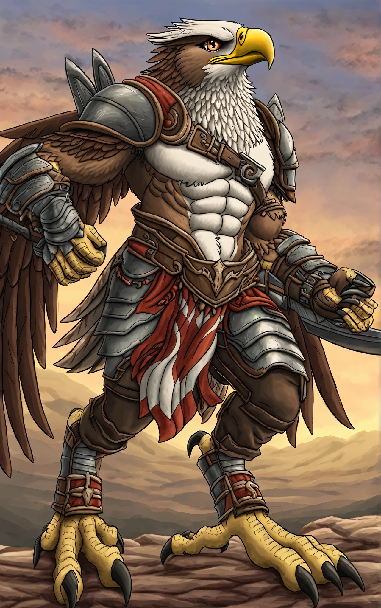 Avian eagle warrior, solo, abs, ferocious, male, armor, digitigrade,