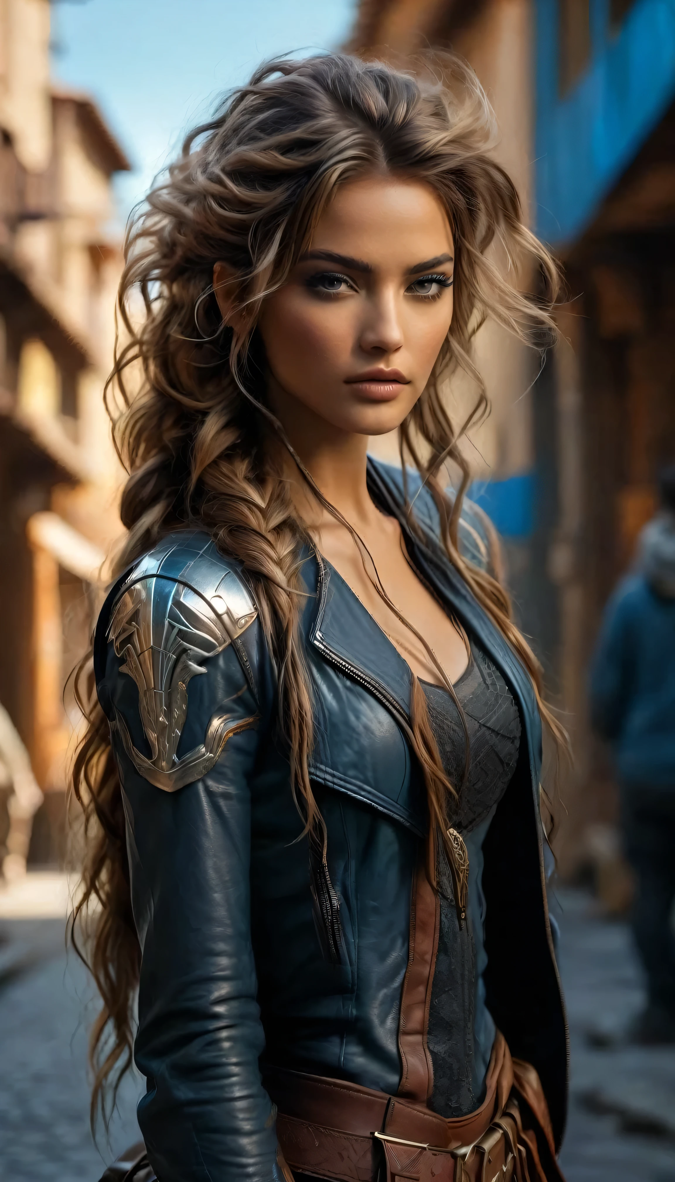 Masterpiece, best possible quality (UHD photographic low angle shot,) ((of a gorgeous stealthy and agile thief and adventurer in the middle of a street, in a dystopian city under attack, by what appear to be humans that have been infused with Viper DNA, The girl was no older than 19 years old, but could fight like she was born for it, natural beauty, stunningly beautiful, ((Ultra-finely-detailed (fashion model looks and figure))), long, detailed, flowing ponytail)), ((holding a long dagger and a .50 desert eagle)), razor-sharp curved blades, in a fighting stance dressed in leather, scrapped metal and fur lined garments that didn't leave too much to the imagination, consistent with the local tribes. (((It was her very fit body that was exuding a bright blue glowing aura, a luminescence that would light the street at night if it came to that, coming from her body in all directions))), wide-angle lens f/1.8, horrible battle imagery, magical bright blue rays of energy, explosions of earth, fire and smoke, swordplay, exciting action, fierce gaze, Ultra-high-quality, Ultra-fine-details, dystopian, post-apocalyptic setting, cinematic movie still, masterpiece, the best quality possible, highest possible resolution, 8k, ray tracing, HDR, UHD, volumetric lighting, Absurd resolution, textured details, excellent composition and lighting, golden hour, rule of thirds, over the shoulder, back view, God rays, God particles, Unreal Engine 5, Unity Engine, Blender, corona render, octane render, masterpiece,