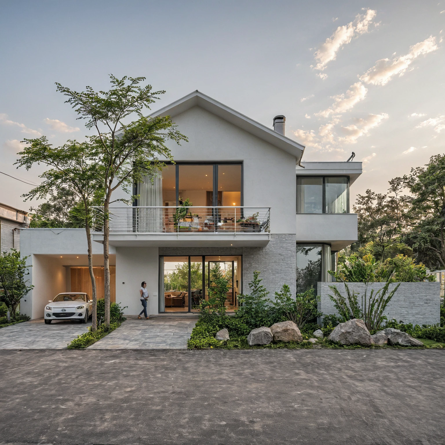 A minimalist, modern house with a white architectural design. It features stacked blocks and curved walls. The interior space is open and spacious, with large glass doors. The combination of raw materials such as exposed brick and concrete creates focal points. There are no people inside the house, evoking a sense of tranquility and emptiness. Not human, not person