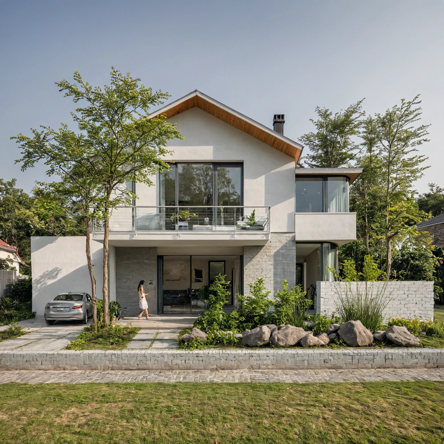 A minimalist, modern house with a white architectural design. It features stacked blocks and curved walls. The interior space is open and spacious, with large glass doors. The combination of raw materials such as exposed brick and concrete creates focal points. There are no people inside the house, evoking a sense of tranquility and emptiness. Not human, not person
