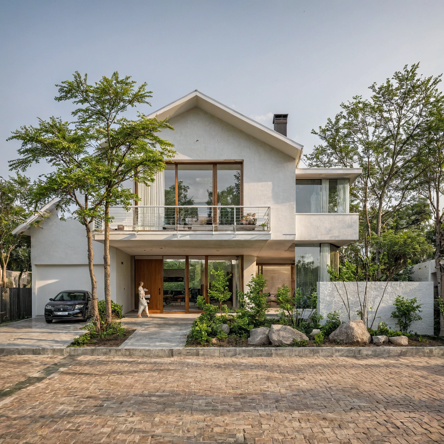 A minimalist, modern house with a white architectural design. It features stacked blocks and curved walls. The interior space is open and spacious, with large glass doors. The combination of raw materials such as exposed brick and concrete creates focal points. There are no people inside the house, evoking a sense of tranquility and emptiness. Not human, not person