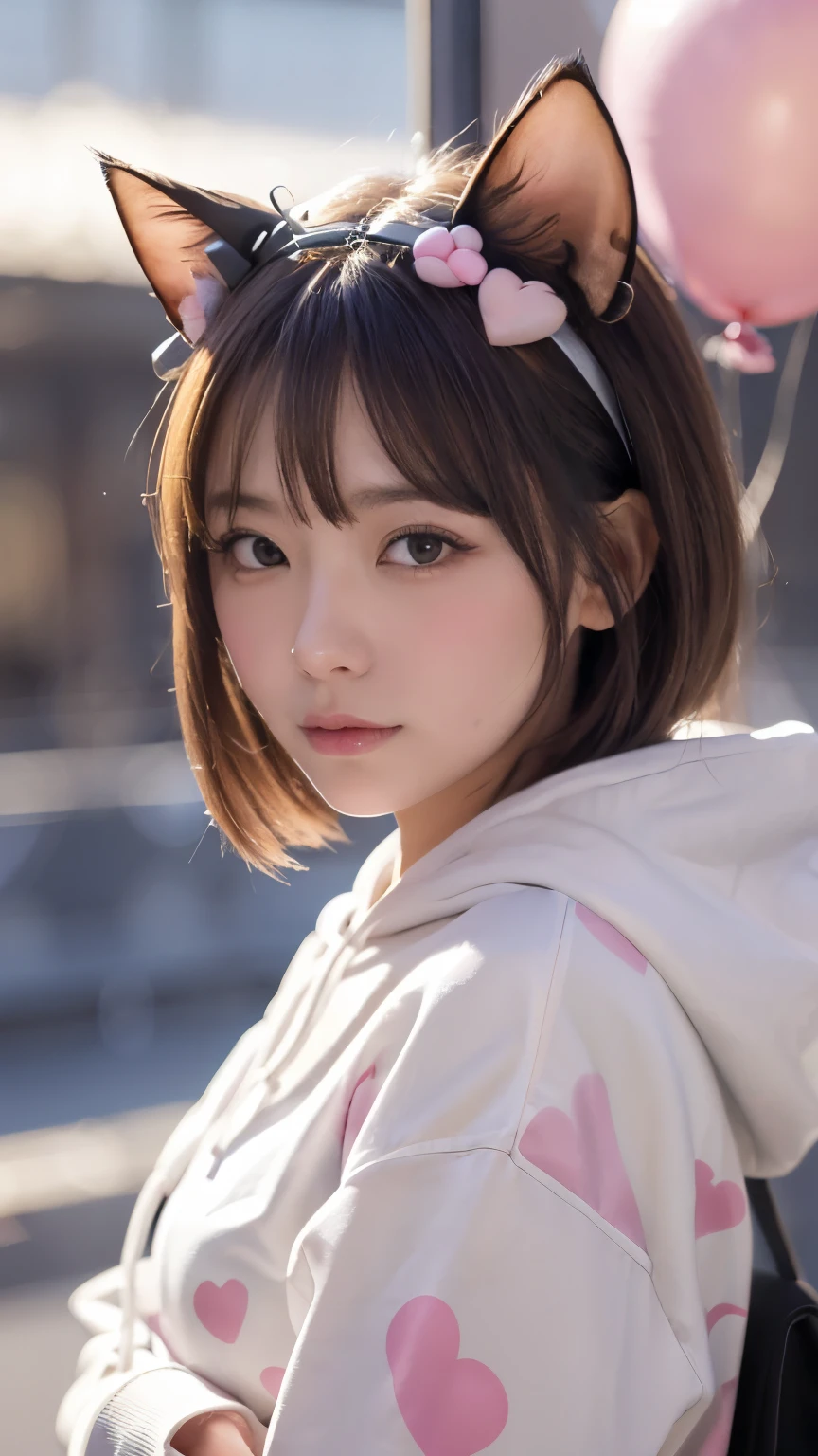 Masterpiece, 4K, bokeh, 55mm, F=1.2, Beautiful girl, (Japanese idle:1.6), (Cat ears:1.3), Light brown eyes, soft hair, (The background features soft light particles and subtle bokeh effects:1.4), Looking at the viewer, Closeup, Hold heart shaped baloon, (Pink and brack and white cow pattern hoodie:1.3), (many Big Heart-shaped balloons:1.5), from below,