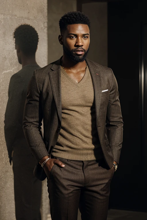 a black man in his 20s standing diagonally across his body with a beard and short hair, wearing a stylish blazer and brown pants, wearing a watch and holding his hands together, full body, photorealistic, Ultrarealistic, octane, render, HDR, 8k-v5