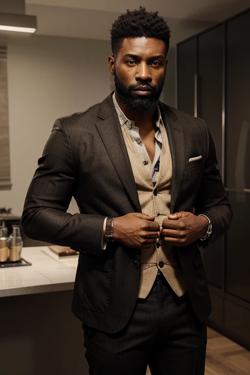 a black man in his 20s standing diagonally across his body with a beard and short hair, wearing a stylish blazer and brown pants, wearing a watch and holding his hands together, full body, photorealistic, Ultrarealistic, octane, render, HDR, 8k-v5