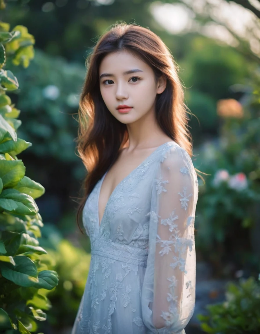 18 years old girl, (extreme detailed face, detailed skin), upper body, deep v dress, graceful girl, garden, outdoor,