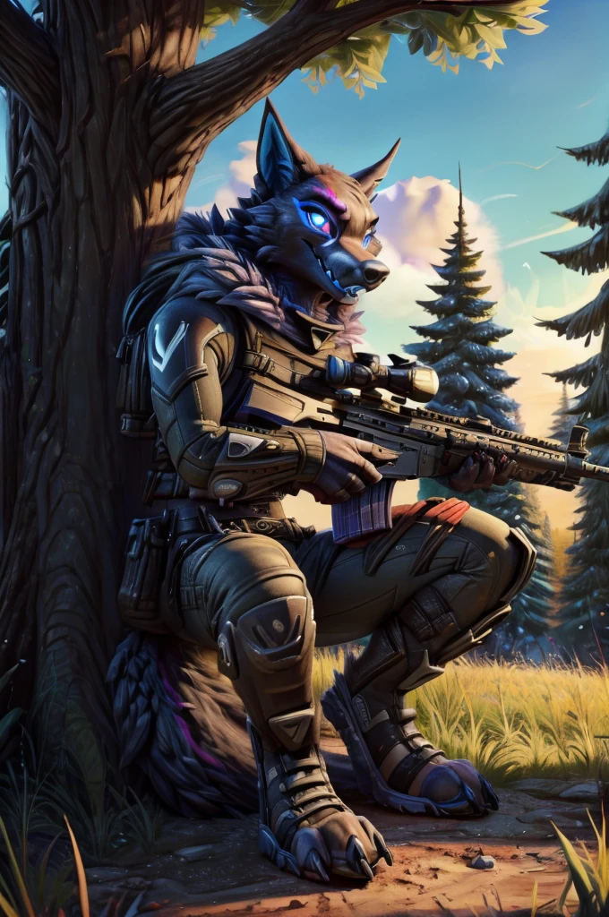 [W=" female, slim, thin suit, anthro wolf, (pack leader highwire), cute, hood, fluffy, thin digitigrade boots, fluffy tail"], w is leaning on a tree  in a grassfield while holding a gun(sniper's gun), realistic fur, sunny day, fortnite art, lol concept art, masterpiece, breathtaking, trending on artstation,  superb linework,  vivid eyes color, by pixelsketcher, by pikaflufftulf, by hioshiru, by zaush, very realistic, higly detailed, close-up quality, superb accuracy 