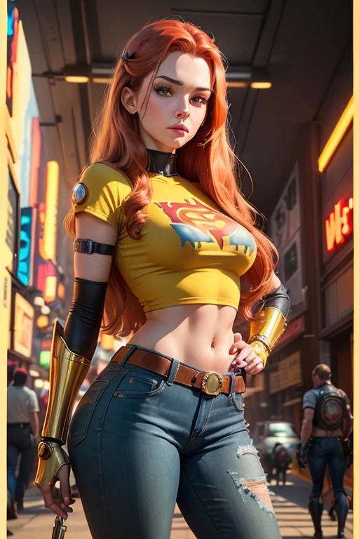4k, digital painting, comic babes, American WWII poster, gil elvgren style ((detailed skin)) (((A young woman with long size straight red hair in superhero pose with yellow T-shirt and blue jeans))) ((detailed look entirely red with gold)) (cars in the background of the image) (((robotic left arm)) (((cyberpunk arm))) adobe lightroom, hero uniform, 1 girl, Alone, Good body, small breasts , Side light, poster art style. 1980s, 1950s, 1960s, 1940s, basic color scheme, very colorful poster, colorful art, third rule, inspirational, woman, 1 40-year-old woman, hair in the wind, Looking to the viewer, blurred background, curvy body, green eyes
