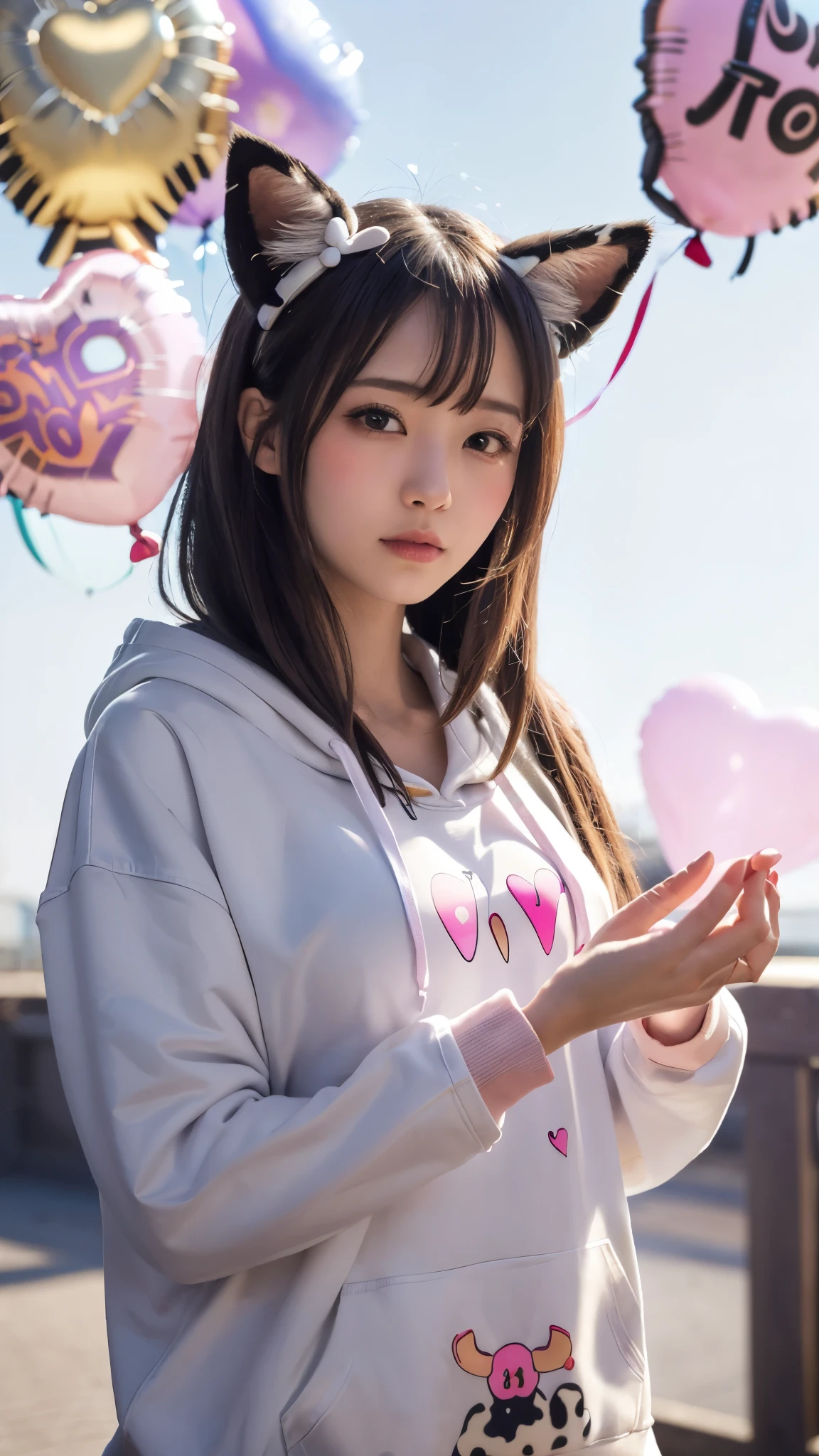 Masterpiece, 4K, bokeh, 55mm, F=1.2, Beautiful girl, (Japanese idle:1.6), (Cat ears:1.3), Light brown eyes, soft hair, (The background features soft light particles and subtle bokeh effects:1.6), Looking at the viewer, Closeup, Hold heart shaped baloon, (Pink and brack and white cow pattern hoodie:1.4), (many Big Heart-shaped balloons:1.6), from below,