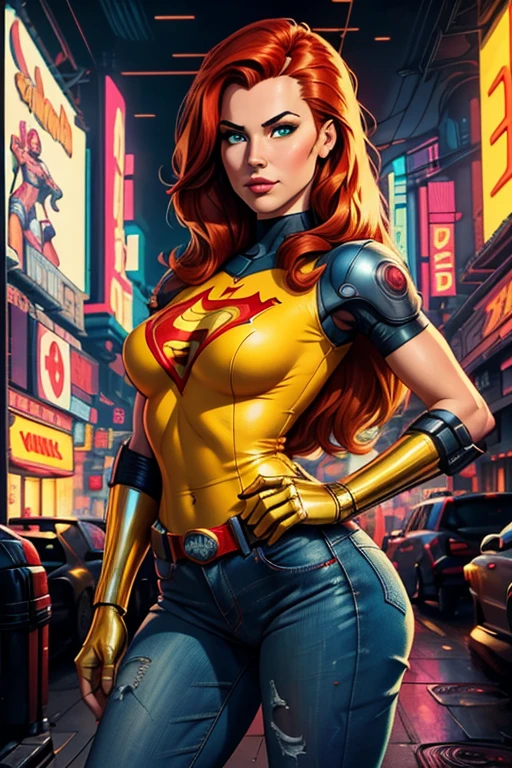 4k, digital painting, comic babes, American WWII poster, gil elvgren style ((detailed skin)) (((A young woman with long size straight red hair in superhero pose with yellow T-shirt and blue jeans))) ((detailed look entirely red with gold)) (cars in the background of the image) (((robotic left arm)) (((cyberpunk arm))) adobe lightroom, hero uniform, 1 girl, Alone, Good body, small breasts , Side light, poster art style. 1980s, 1950s, 1960s, 1940s, basic color scheme, very colorful poster, colorful art, third rule, inspirational, woman, 1 40-year-old woman, hair in the wind, Looking to the viewer, blurred background, curvy body, green eyes