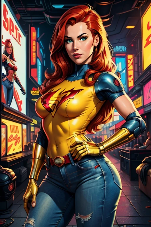 4k, digital painting, comic babes, American WWII poster, gil elvgren style ((detailed skin)) (((A young woman with long size straight red hair in superhero pose with yellow T-shirt and blue jeans))) ((detailed look entirely red with gold)) (cars in the background of the image) (((robotic left arm)) (((cyberpunk arm))) adobe lightroom, hero uniform, 1 girl, Alone, Good body, small breasts , Side light, poster art style. 1980s, 1950s, 1960s, 1940s, basic color scheme, very colorful poster, colorful art, third rule, inspirational, woman, 1 40-year-old woman, hair in the wind, Looking to the viewer, blurred background, curvy body, green eyes