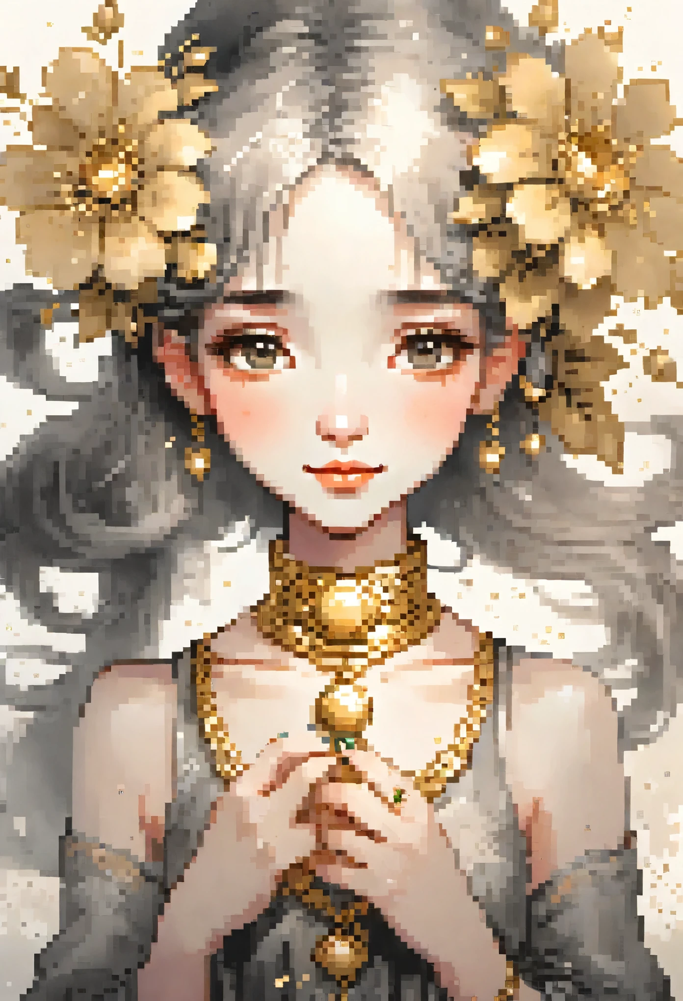 monochrome, watercolor, highres, top quality, best quality, paid reward available, High-quality illustrations, unparalleled masterpiece, perfect artwork, absurdres, 1girl, Archaic Smile, holding a cluster of gold flower in both hands, She is wearing a simple ring on the ring finger of her left hand, unfocused spread of gold flower,