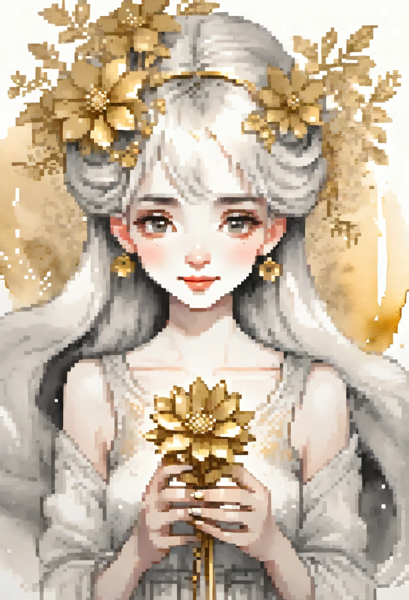 monochrome, watercolor, highres, top quality, best quality, paid reward available, High-quality illustrations, unparalleled masterpiece, perfect artwork, absurdres, 1girl, Archaic Smile, holding a cluster of gold flower in both hands, She is wearing a simple ring on the ring finger of her left hand, unfocused spread of gold flower,
