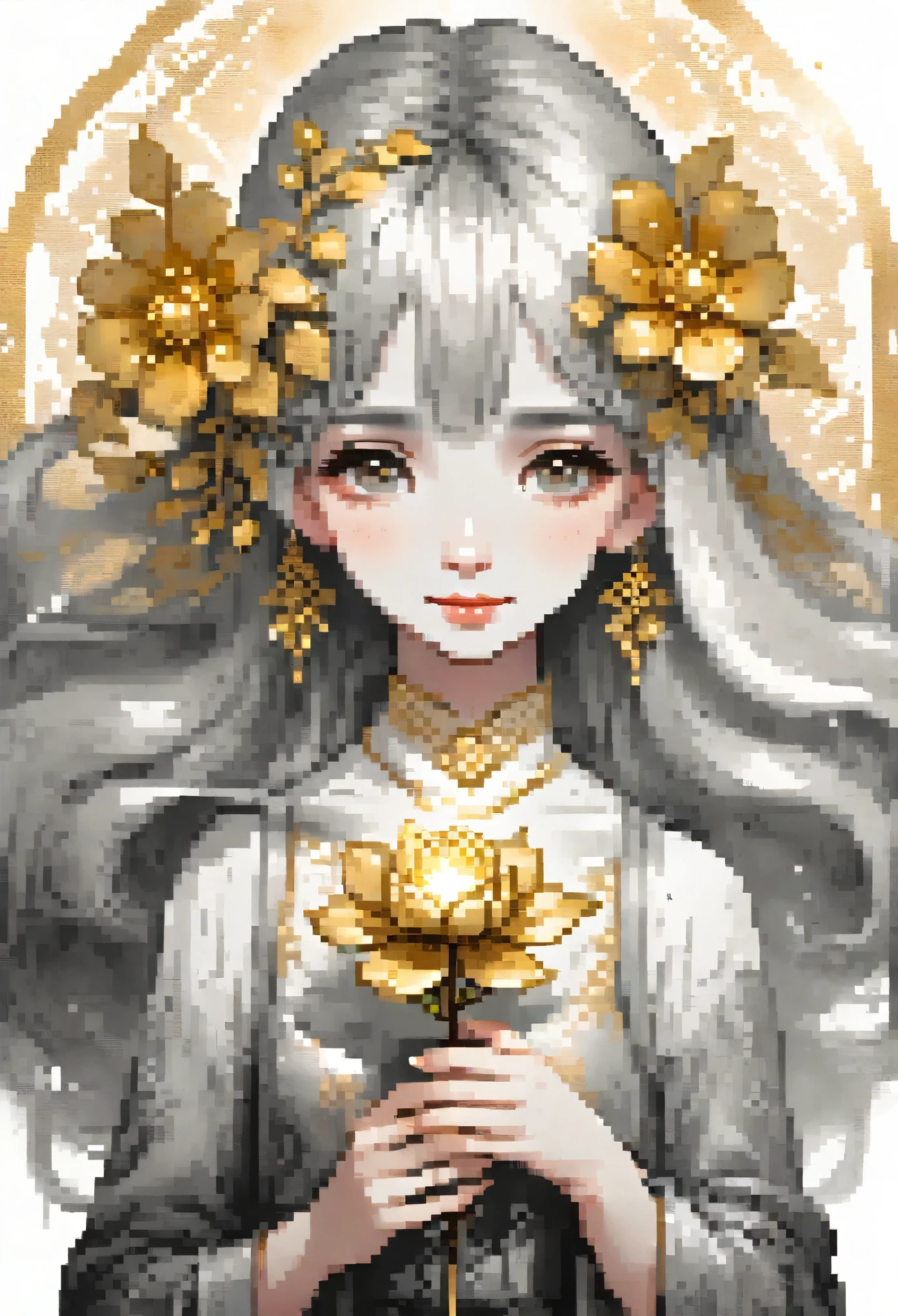 monochrome, watercolor, highres, top quality, best quality, paid reward available, High-quality illustrations, unparalleled masterpiece, perfect artwork, absurdres, 1girl, Archaic Smile, holding a cluster of gold flower in both hands, She is wearing a simple ring on the ring finger of her left hand, unfocused spread of gold flower,