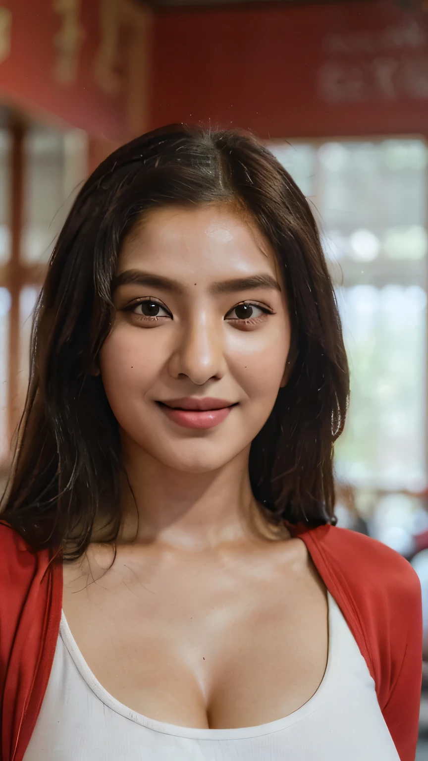 Instagram model, masterpiece, (photograph of a 24 year old Indian woman), (Highly detailed face:1.4) (Smile:0.7)by lee jeffries ,Hyper realistic , wearing nice red color gym suit, in the gym, beautiful eyes, fair white skin, beautiful cute face, looking at camera, smiling, showing cleavage and big breast and clear skin, doing workout in gym
