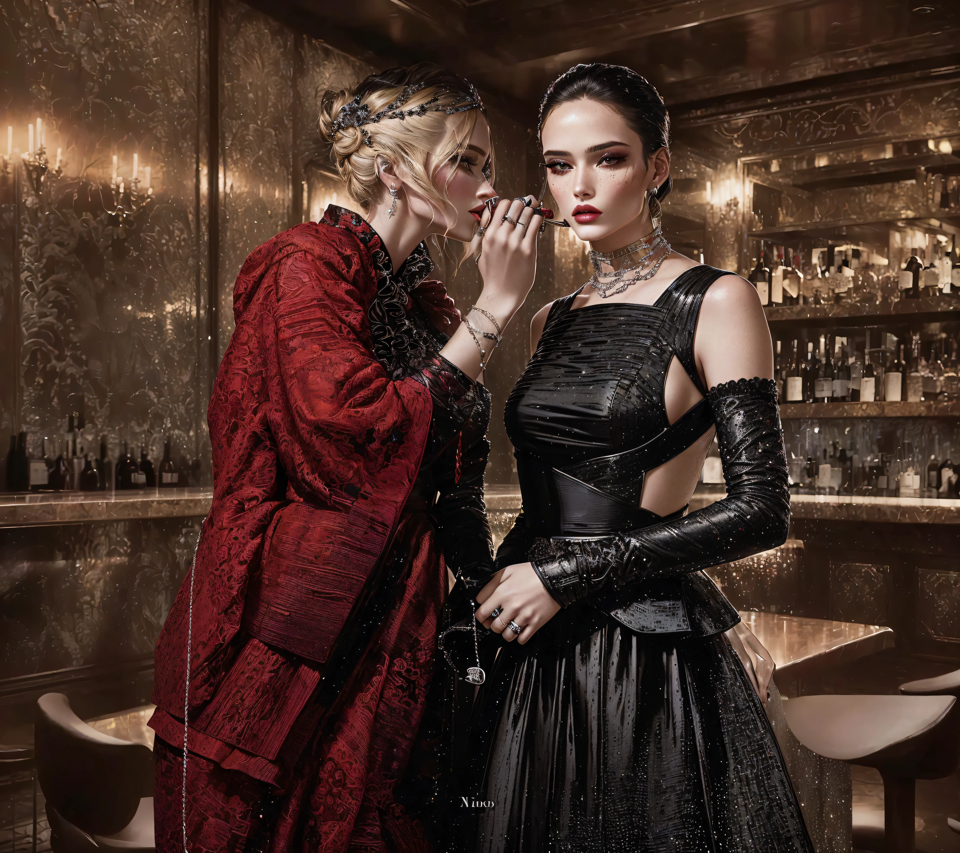 there are two women in a bar one is putting a ring on the other, editorial of dior magazine, official dior editorial, by Micha Klein, steven klein, editorial fashion photography, high - end fashion photoshoot, dior campaign, black and red silk clothing, editorial photo from magazine, official vuitton editorial, fashion magazine photography, fine art fashion magazine style, fashion magazine editorial