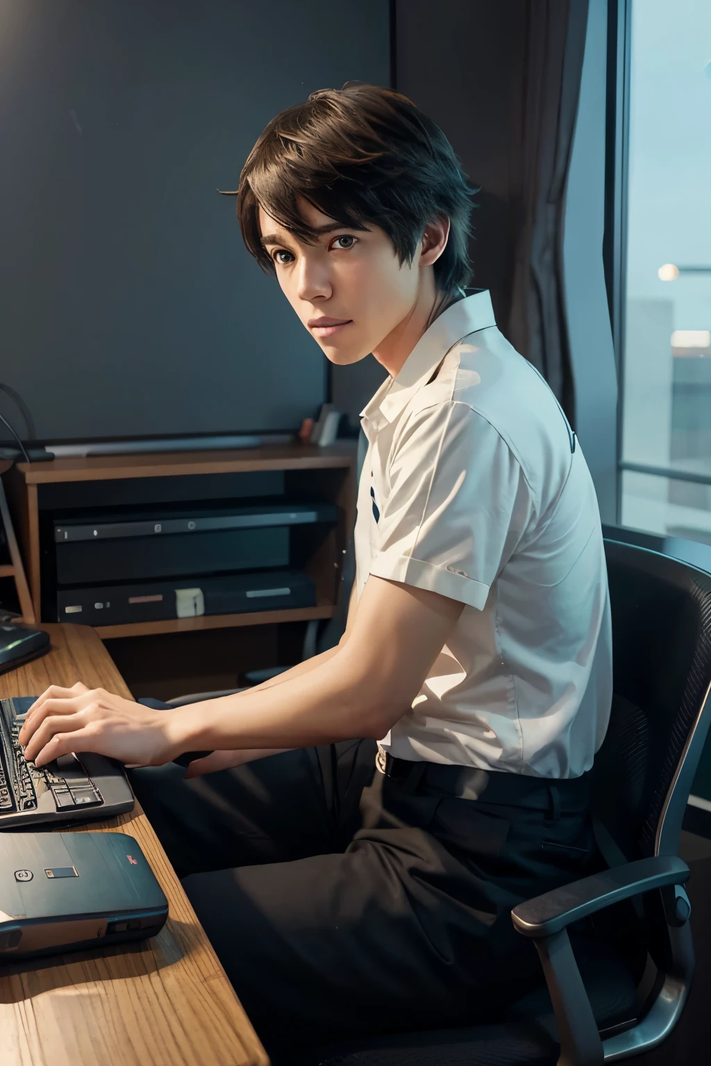 Anime boy sitting at desk, cute boy, holding computer and keyboard, ((Makoto Shinkai)), studio brisk Makoto Shinkai, Guvez style artwork, Makoto Shinkai. Digital rendering, digital anime illustration, kavasi, Makoto Shinkai art style, Makoto Shinkai style, Makoto Shinkai!
