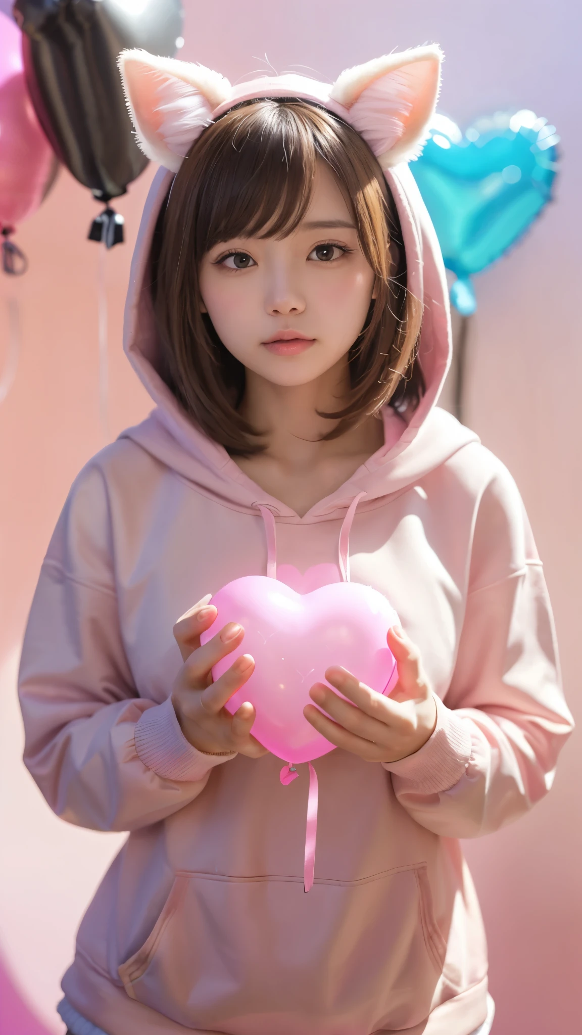 Masterpiece, 4K, bokeh, 55mm, F=1.2, Beautiful girl, (Japanese idle:1.6), (Cat ears:1.3), Light brown eyes, soft hair, (The background features soft light particles and subtle bokeh effects:1.6), Looking at the viewer, Closeup, Hold heart shaped baloon, (Pink and brack and white cow pattern hoodie:1.4), (many Big Heart-shaped balloons:1.6), from below, (Pink background:1.4)