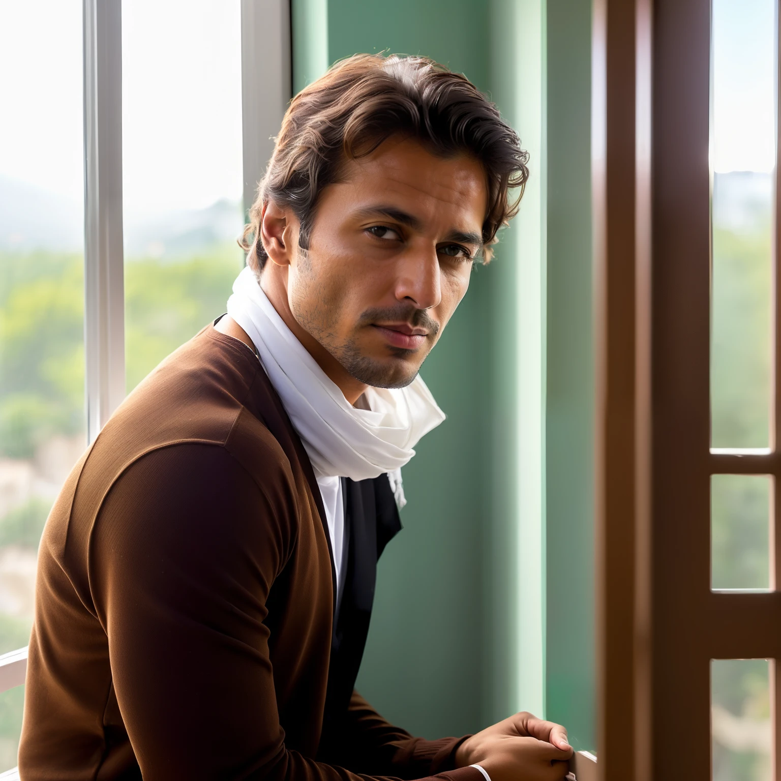 Photography of Imran Khan, (bronzed complexion), ((sitting cross-legged on the floor in a Pakistani prison)), (( Hijab-wearing women in the background)) ,. Brown eyes with faint lines, cabello negro, (wearing a simple prisoner outfit)), (Looking outside the prison window with a thoughtful expression), (A bird perched elegantly on the window sill, in focus), high quality, ((obra-prima:1.5), ((fotorrealista:1.5)), fotografia, Realistic photo, Canon, Natural light, 4k, high definition, .RAW, Nikon Z6, (Detailed shot