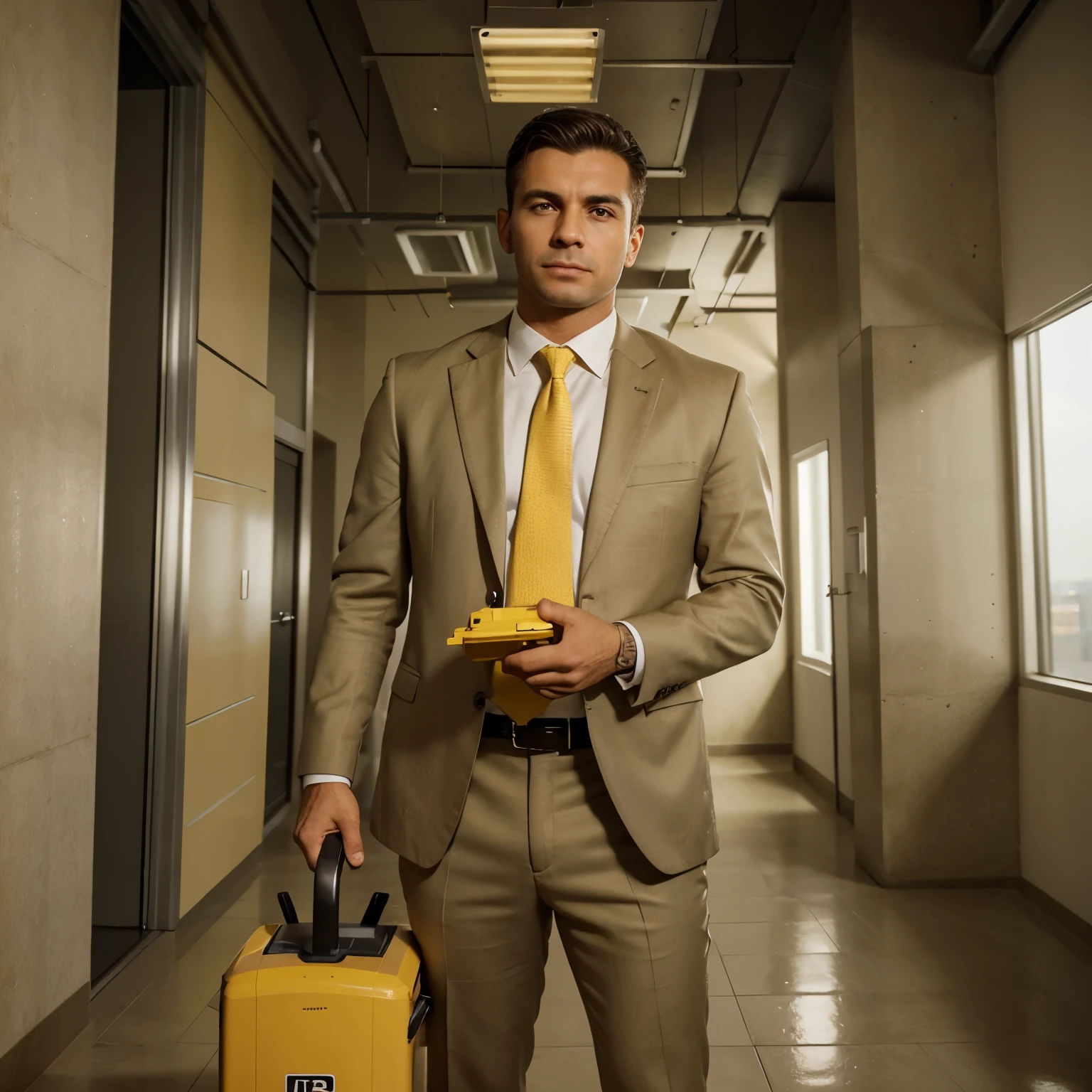 Preciso de uma imagem , no plano de fundo com um andaime, betoneira, martelete, manual compactor in a building with yellowish tones and in front a businessman in a suit with his arm extended and the palm of his hand facing up