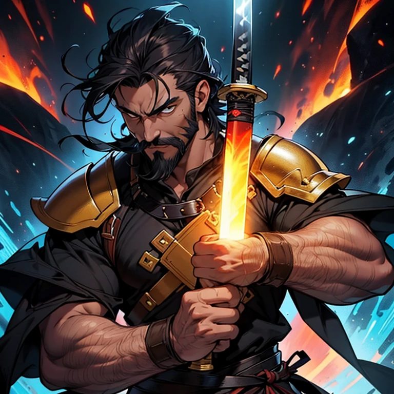 Guerrero del caos hombre con cabello corto, piel oscura, barba y bigote ligero, amber eyes, uses a katana and wears light cavalry armor, He has a supernatural and dark aura surrounding him.... He is in a space of cosmic horror.