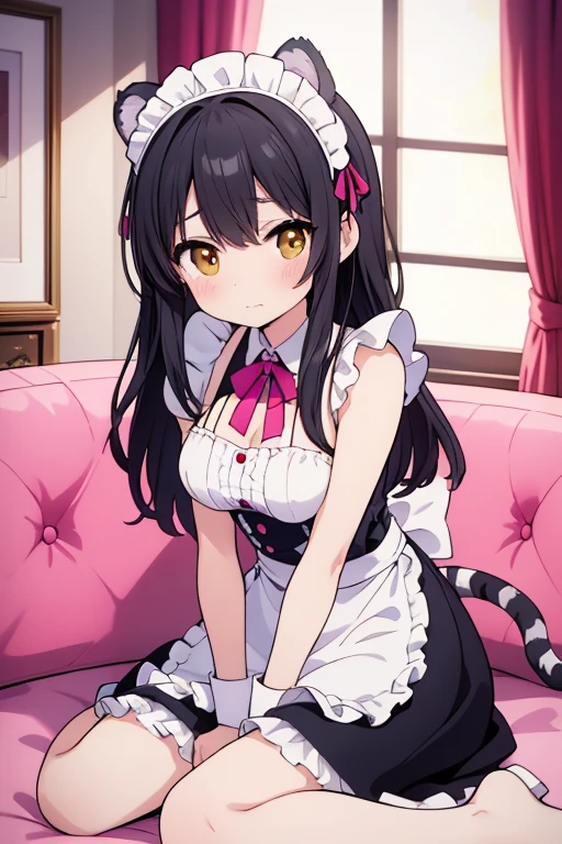 1 tiger girl, tiger tail, tiger ears, medium yellow black hair, , (embarrassed:0.9), closed mouth, cute,
bare shoulders, (large breasts:0.9), (sideboob:0.9), thighs,
maid headdress, sideless, (sexy pink maid uniform:1.1),
(adjusting clothes:1.1), leaning forward, sitting on sofa, wariza, window, brown bedroom, warm light,
sharp focus, looking at viewer,
(intricate:1.1), (pink theme:1.3), (pink tone:1.3), (bright pink tone:1.3), illustration, (anime coloring:1.1),