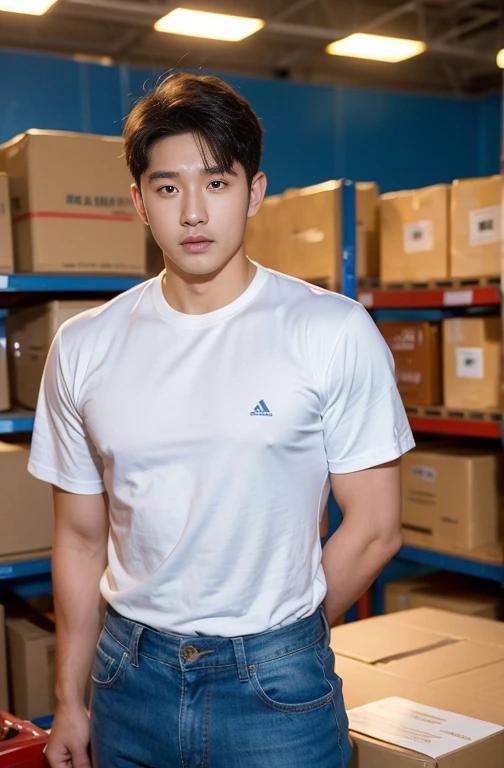 1 handsome Korean guy，19 years old，Male college students practicing sports，Handsome guy，youth sunshine，Who is Shi Yu?, Li Yuanbin, Kim Hyung Tae, Kim Hyung Tae, Yin Shishan, Handsome Korean muscular guy，Broad shoulders and narrow waist，A handsome guy wearing a T-shirt and jeans，Form-fitting fabric contours the bust，in a remote warehouse，hands tied behind back，Hands tied behind the back，hands tied behind back，Masculine and sexy，High，Muscles look good，hairy body，Wheat complexion，black eyes（thin eyes 1：3），whole body image