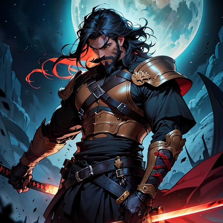 Guerrero del caos hombre con cabello corto, piel oscura, barba y bigote ligero, amber eyes, uses a katana and wears light cavalry armor, He has a supernatural and dark aura surrounding him.... He is in a space of cosmic horror. 