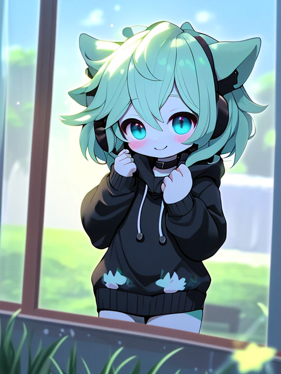Solo, kemono, femboy, pelo blanco, ojos azul claro, usar top corto negro de manga larga, usar falda negra, usar collar negro, use black headphones, orejas azules, smile, sudadera, Shy, se sonroja, cola, de pie, grass, en casa, acostado en su cama boca arriba 