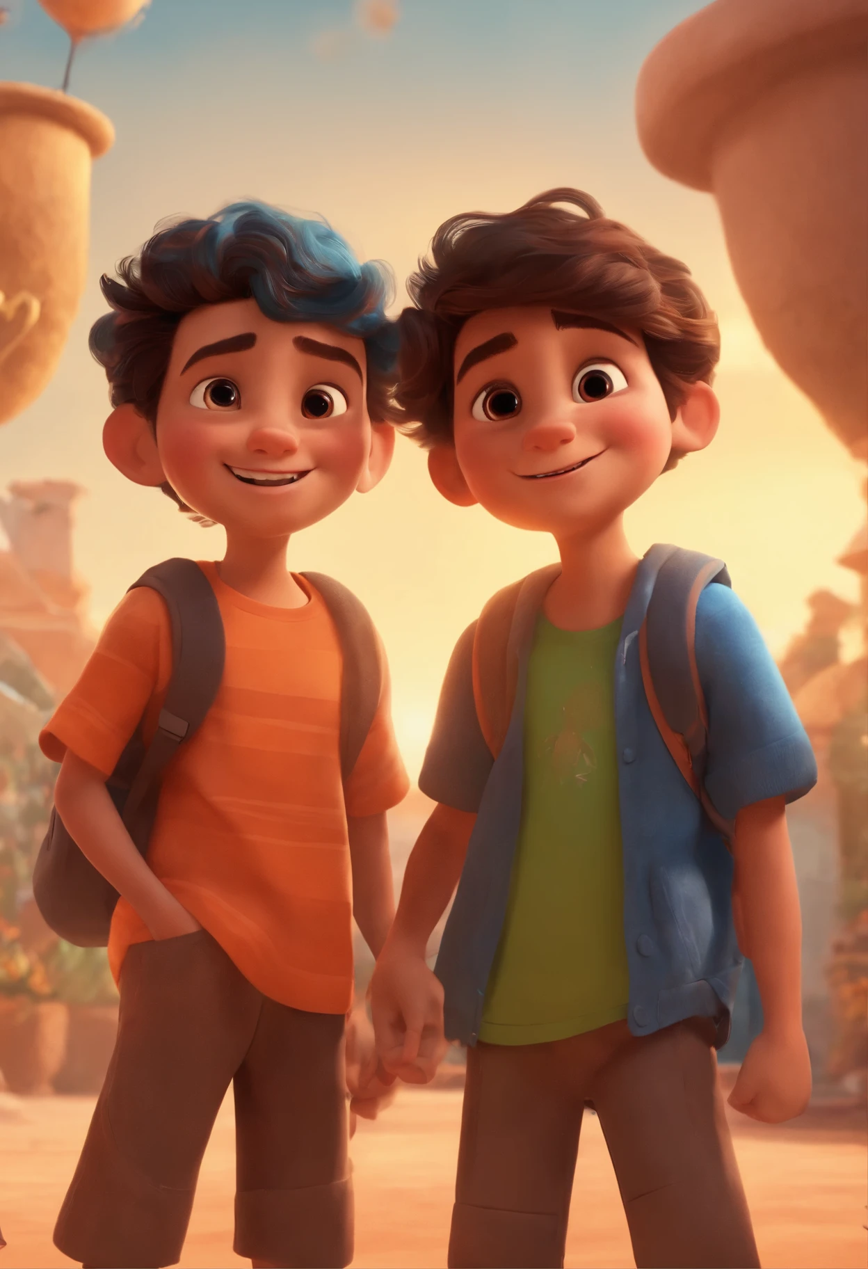 Image of two boy for a story in a YouTube video in Pixar format, He's the little allabester, He's the class leader, He's outgoing, Playful and gets up for a lot of things, cabelo curto 