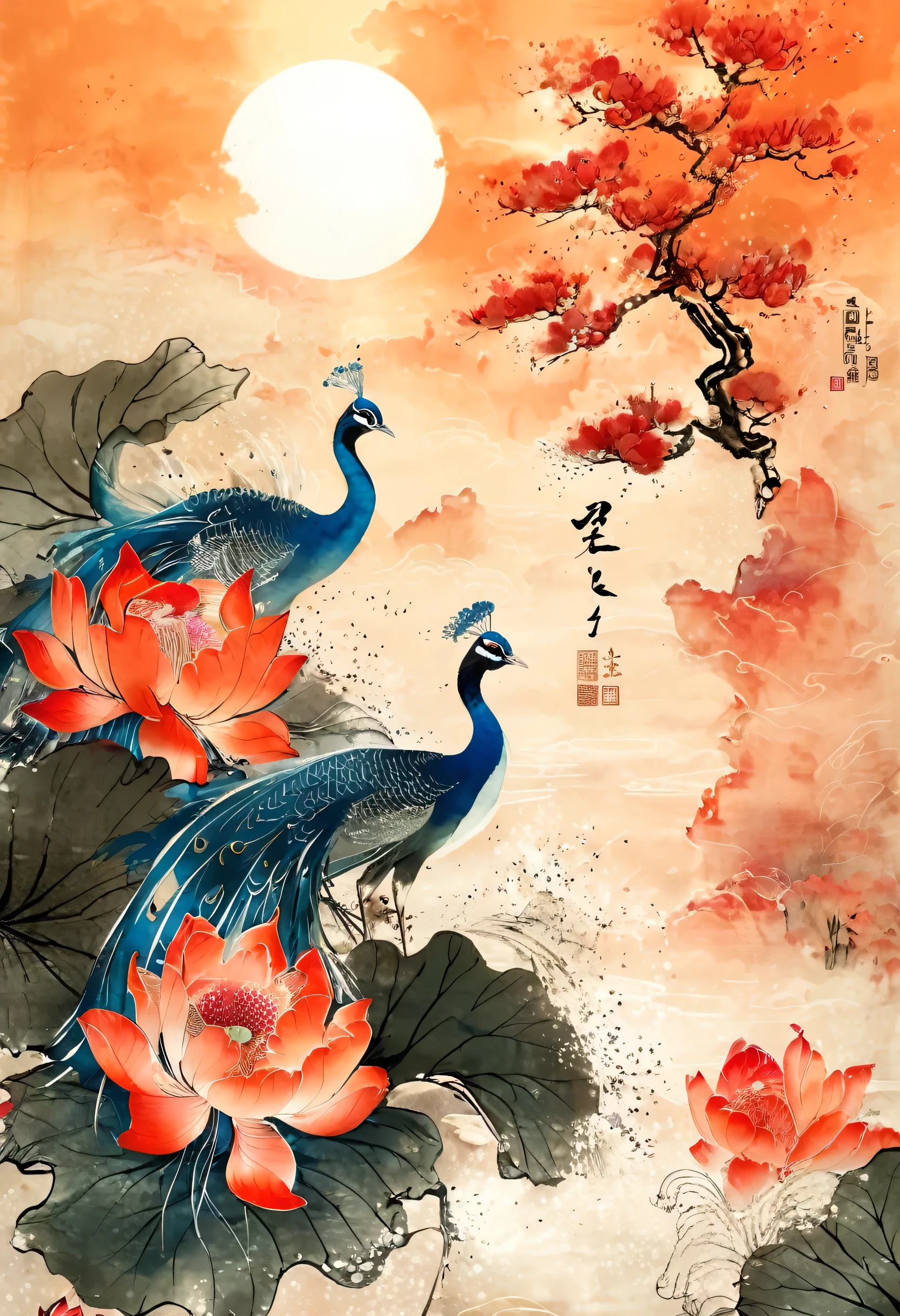 Chinese ink, sky, two peacock couple, warm sunset background, peony flower, peony tree, lotus flower, peach colour lotus flower, Lotus leaf, water, Chinese text "double blessing"