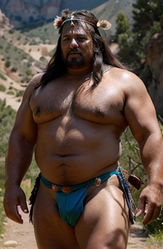 A shirtless Apache warrior with a huge eagle feather headdress on his head. Un culturista obeso de cuerpo completo con un cuerpo muy sudoroso. An extremely muscular and extremely fat old man over 70 years old weighing over 600 pounds. Muy musculoso, muy peludo. Pectorales grandes con pezones oscuros y ginecomastia. A Colorado canyon landscape with a loincloth in the rain.