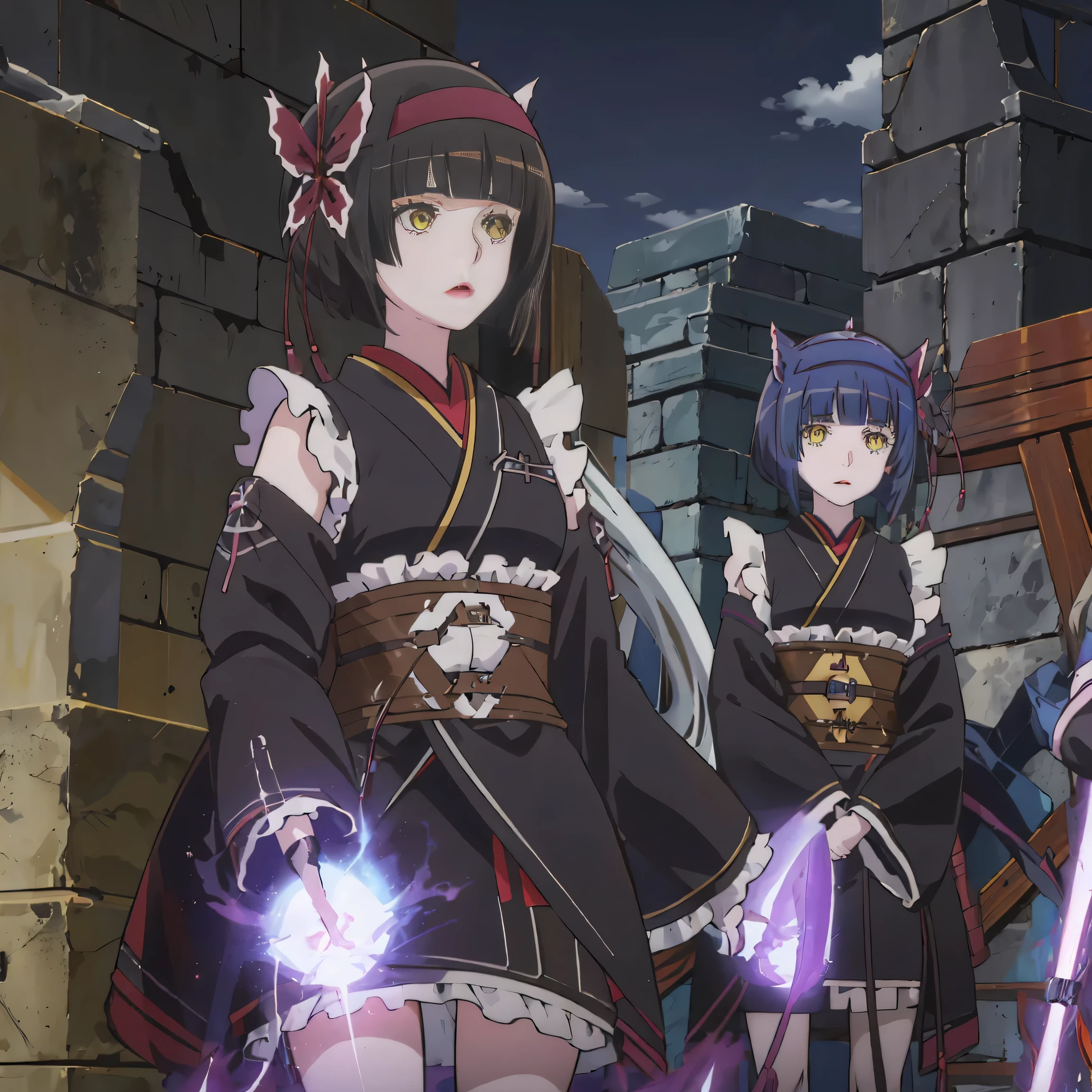 (highest quality, )Two Girls, 1. Rem:
• Features: Anime Girl,「Re:Starting Life in Another World from Zero」Rem, Blue short hair, blue eyes, Maid outfit • Style: Powerful fighting style、Wielding the Morning Star Armed Hammer • Expression: In the garden or pond、Smiling cartoon-like expression 2 Mio:
• Features: 「On a journey to another world led by the moon」Mio, Black short hair, Big red flower hair ornament, Yellow Eyes, Black kimono with spider web design on shoulder • Style: Release the dark purple demonic energy from your body.、Captures opponent with purple spider web • Expression: Determined look 3 scenes:
• The two of them are fighting the enemy together. • Rem is swinging her Morning Star, an armored hammer. • Mio is emitting a dark purple demonic energy from her entire body.、4 Background: The opponent is captured by a purple spider web:
• Forest fight scene 5 stories:
• Although they are characters from different anime、Depicts how people work together to face the enemy