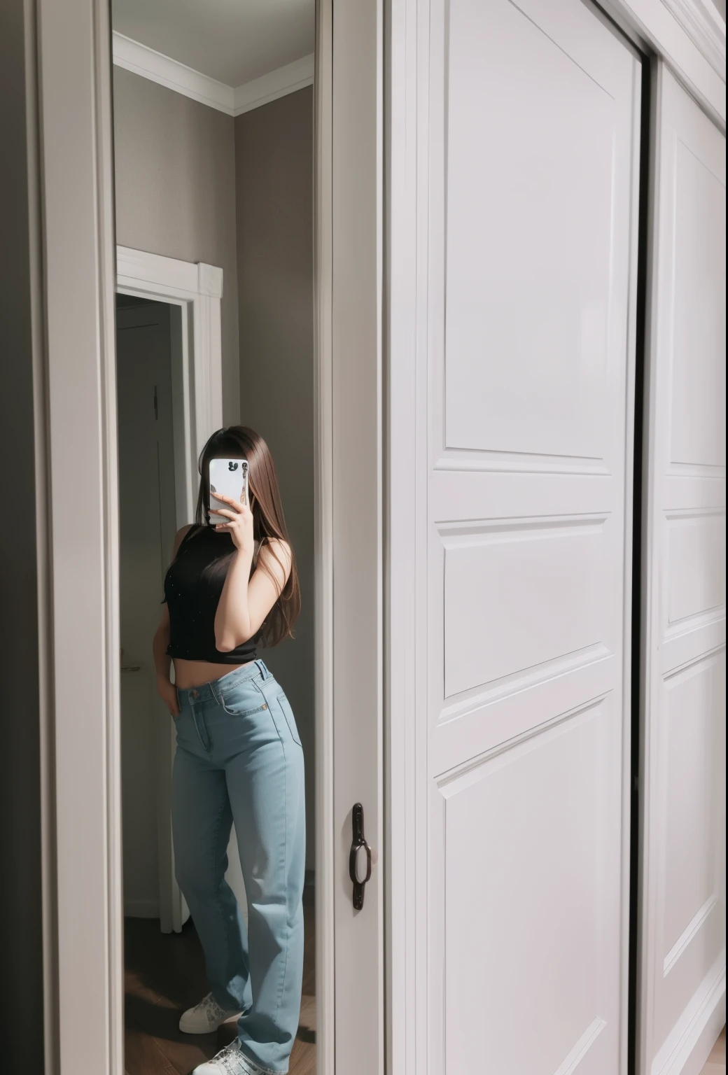 Beautiful girl in full growth, full length photo in the mirror, girl taking selfie, photo in the mirror, beautiful brown hair, in jeans, Phone in hand, super quality,realism, in white sneakers, long thick hair