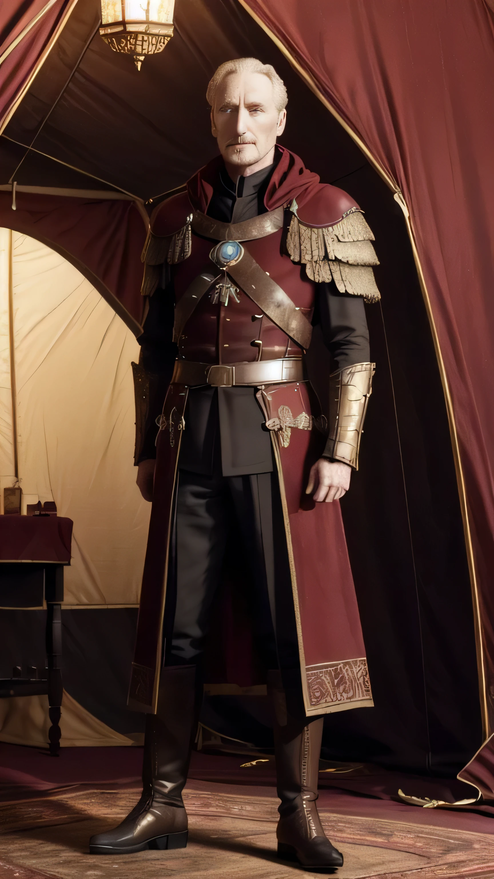 ((Charles Dance)) as Tywin Lannister, armor, maroon cloak, boots, standing, in a tent, (1man), (solo), (full body view), beautiful detailed glow, detailed, cinematic light, intricate detail, realistic, highres, detailed facial features, high detail, sharp focus, smooth, aesthetic, extremely detailed, stamp, octane render