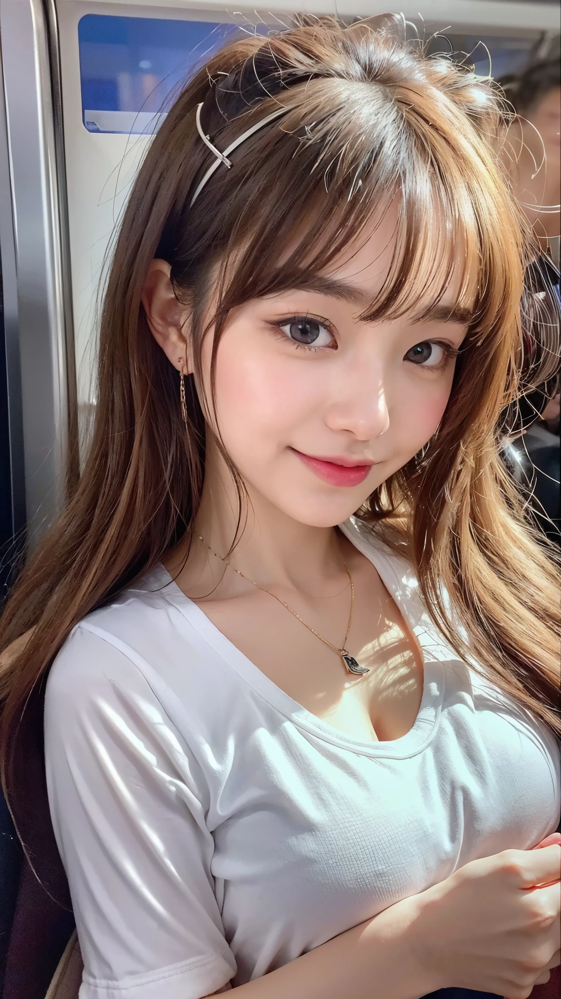 (highest quality、8k、32k、masterpiece、Hmph:1.2)、Cute Japanese Women Photos、Soft looking breasts、No bra、Ample breasts、((Shortcuts))、Face Focus、White T-shirt、necklace、One carnation、From above、Looking at the audience、smile、I'm showing my teeth and smiling,Dynamic Shadows、blonde、Wet shiny hair、Shine, Watery eye、((In a crowded train)),