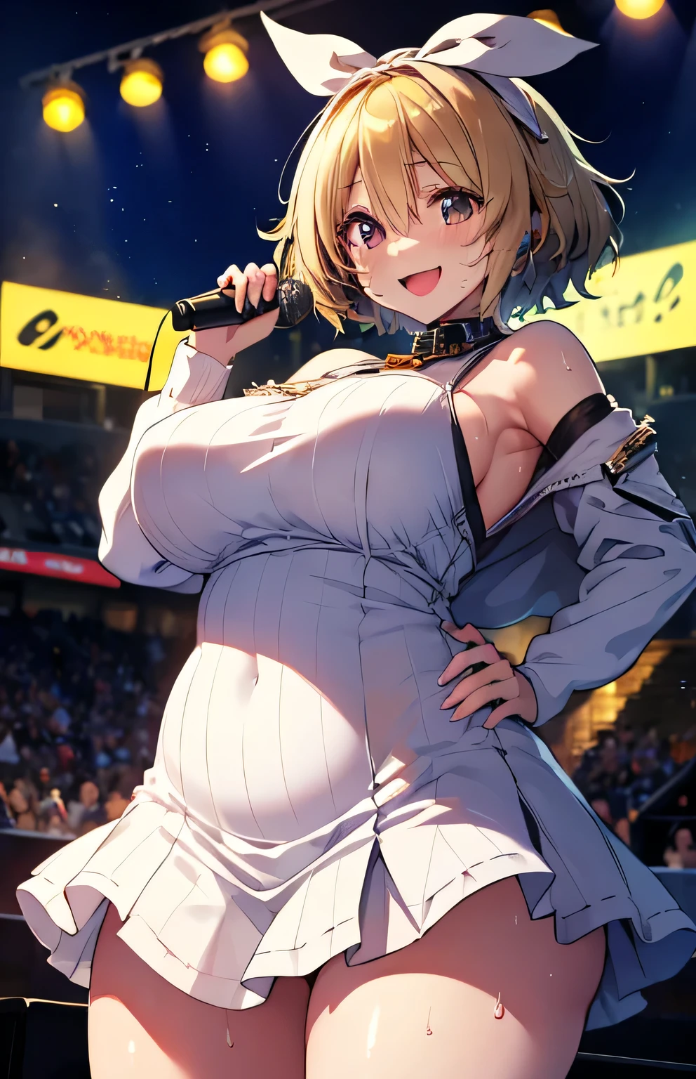 Anime illustration、highest quality、cyber punk、Voluptuous Diva、Kagamine Rin、Ruffled dress、Sing and dance、Night Show、Illuminated by spotlights、colorful psyllium、Perfect proportions、Live music on the stadium stage、overwhelmingly big breasts、Beautiful, shining eyes、Cowboy Shot、smile、Excessive sweating、Noise Reduction