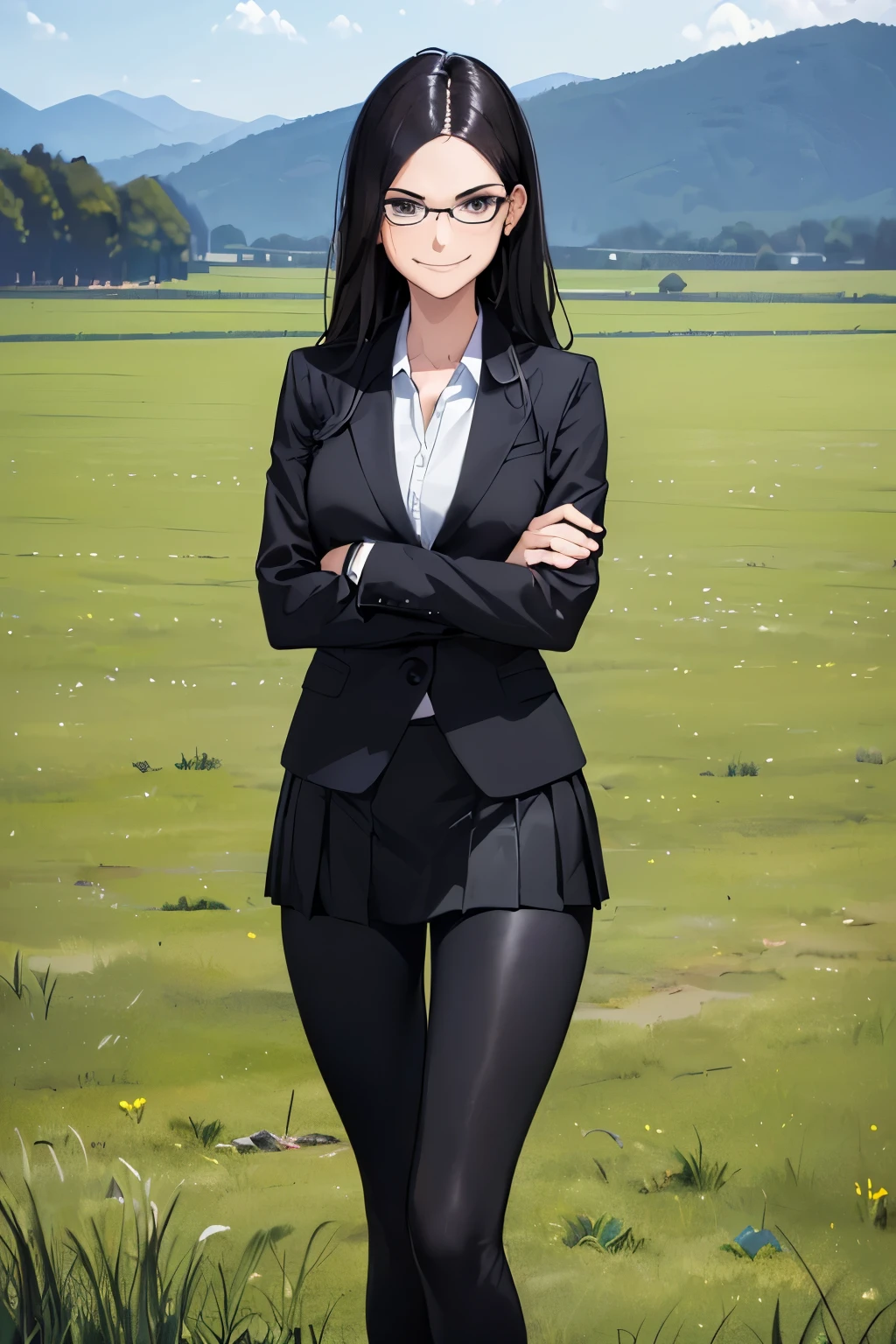 ((best quality)), ((masterpiece)), ((detailed)), (((perfect faces))), (((30yo beautiful woman in black suit, skirt, leggings))), (((glasses))), (((black hair))), (((standing))), (((arms crossed))), (((smirking))), (((grass field)))
