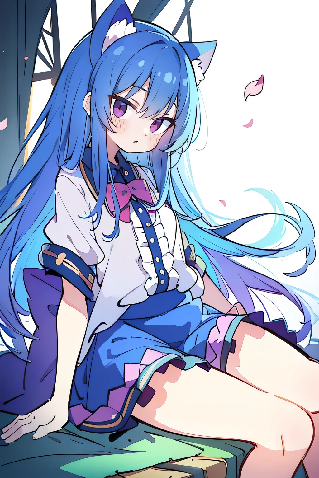 (masterpiece:1.2),ultra-detailed,realistic,expressive eyes,fair-skinned,perfectly shaped face,1girl,
Japanese cartoons,Gorgeous blue hair, flowing blue hair,floating clothes,cat ears,petals falling,beautiful Lola,Hina Angel,
hands on waist,gracefully sitting on the ground,legs crossed,gentle and serene background,cool and comfortable pavilion,shy face ,night .