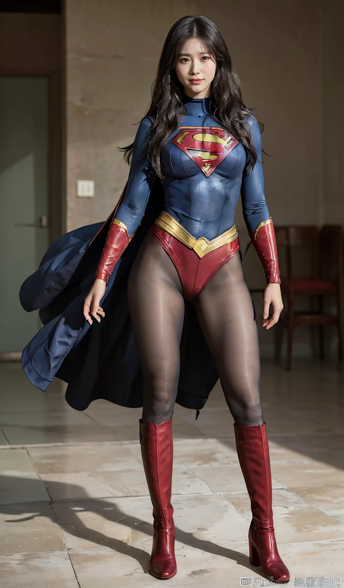 No background、(((Beautiful legs in black tights.)))、(((Legally express the beauty of your smile)))、((((Make the most of your original images)))、(((Supergirl Costume)))、(((Beautiful Hair)))、(((suffering)))、(((Please wear black tights....、Wear red boots)))、((Best image quality、8K))、((highest quality、8K、masterpiece:1.3))、(((Preserve background )))、Sharp focus:1.2、Beautiful woman with perfect figure:1.4、Thin abdominal muscles:1.2、Wet body:1.5、Highly detailed face and skin texture、8K