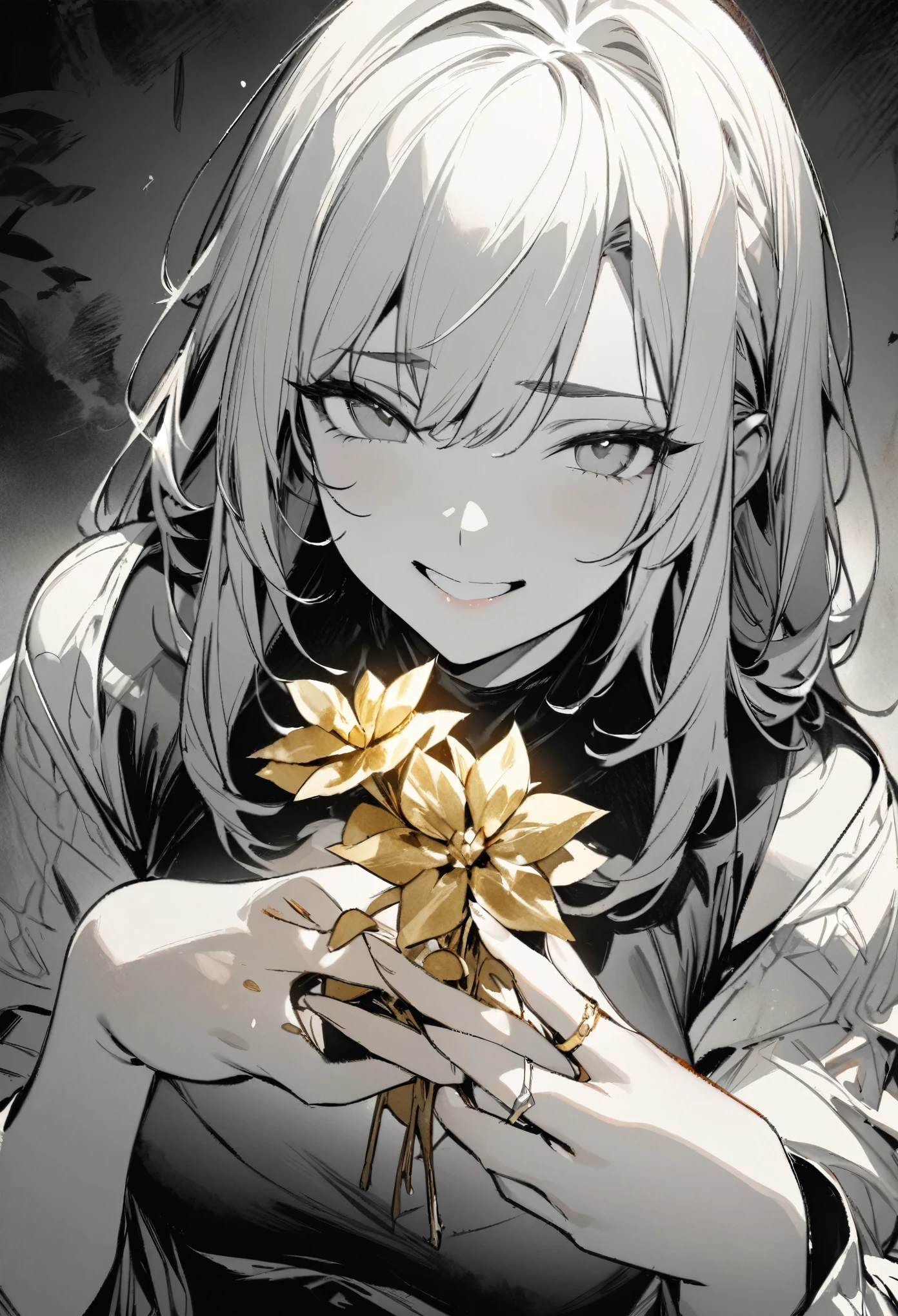monochrome, watercolor, highres, top quality, best quality, paid reward available, High-quality illustrations, unparalleled masterpiece, perfect artwork, absurdres, 1girl, Archaic Smile, holding a cluster of gold flower in both hands, She is wearing a simple ring on the ring finger of her left hand, unfocused spread of gold flower,